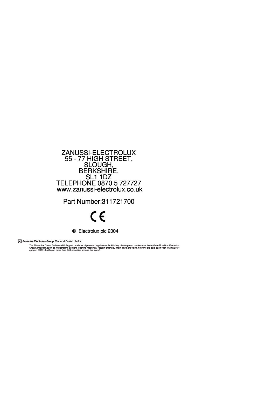 Zanussi ZCGHL55X manual SL1 1DZ, Part Number, Electrolux plc 