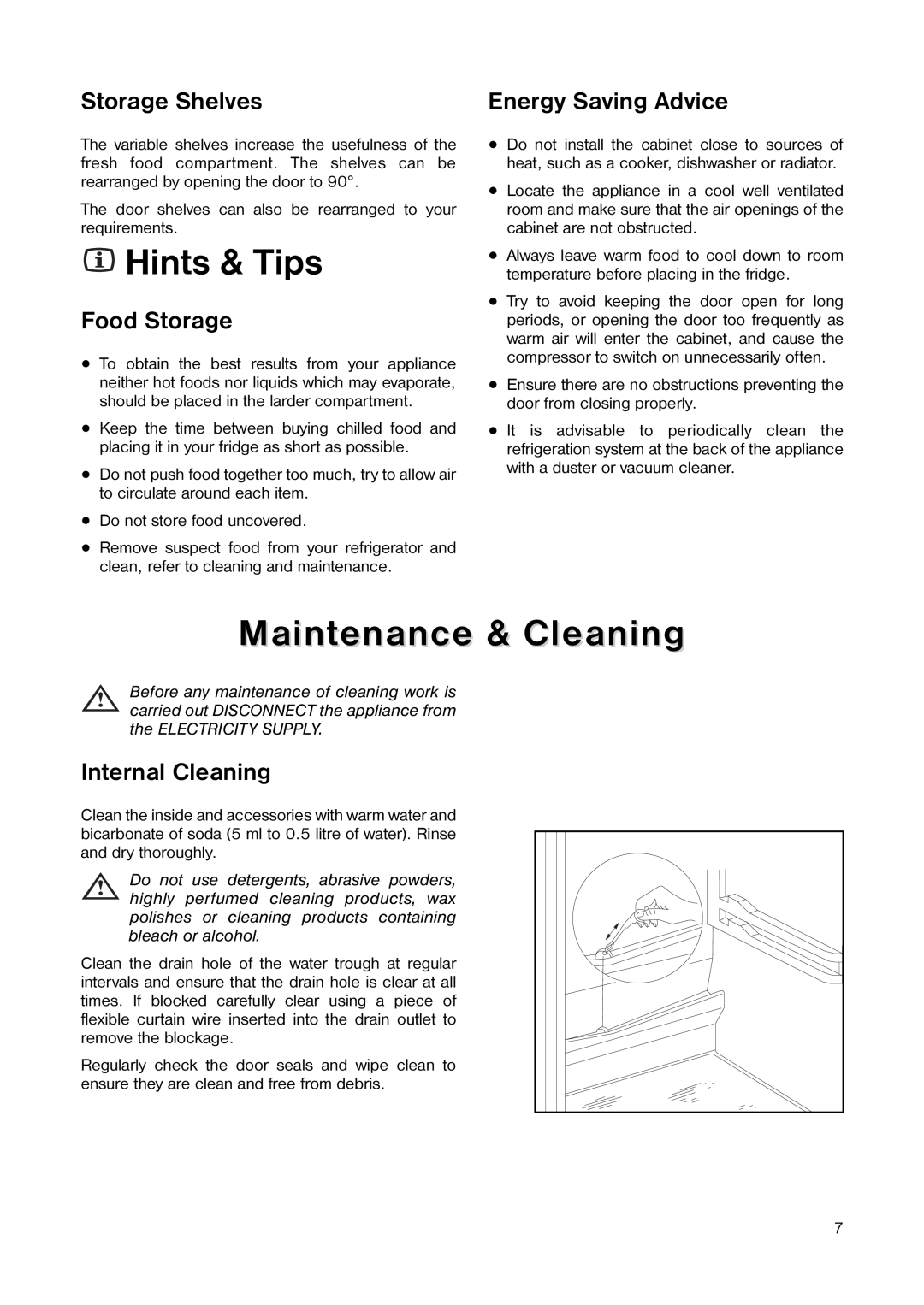 Zanussi ZCL 56 manual Hints & Tips, Maintenance & Cleaning, Storage Shelves, Food Storage, Internal Cleaning 