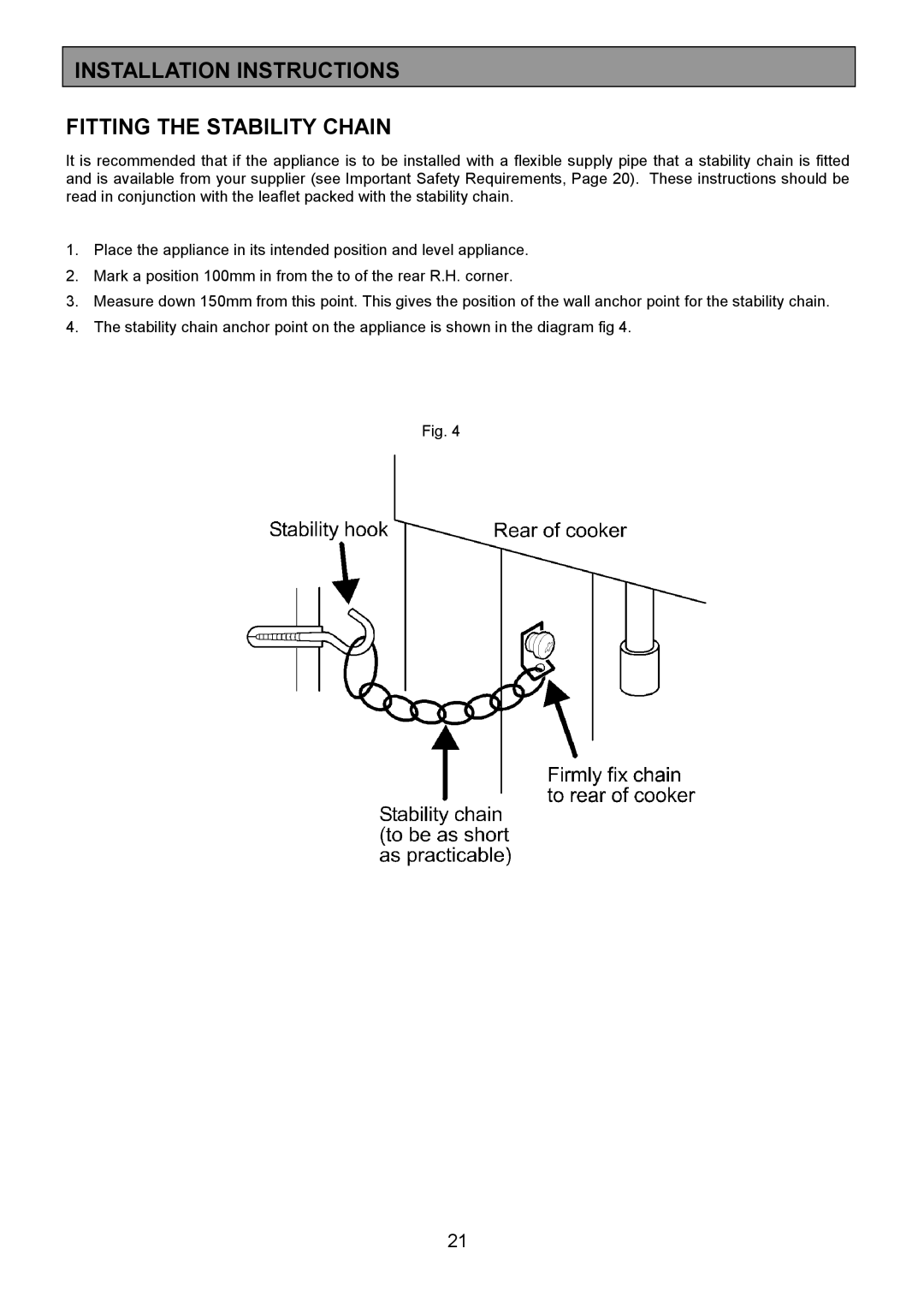 Zanussi ZCM 1000X manual Installation Instructions Fitting the Stability Chain 