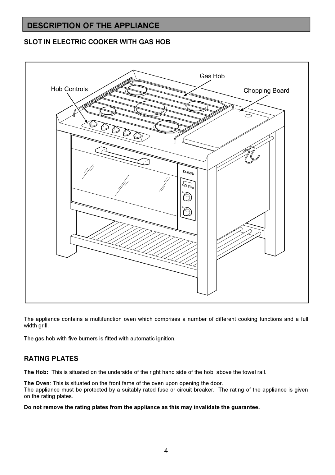 Zanussi ZCM 1000X manual Description of the Appliance, Slot in Electric Cooker with GAS HOB, Rating Plates 