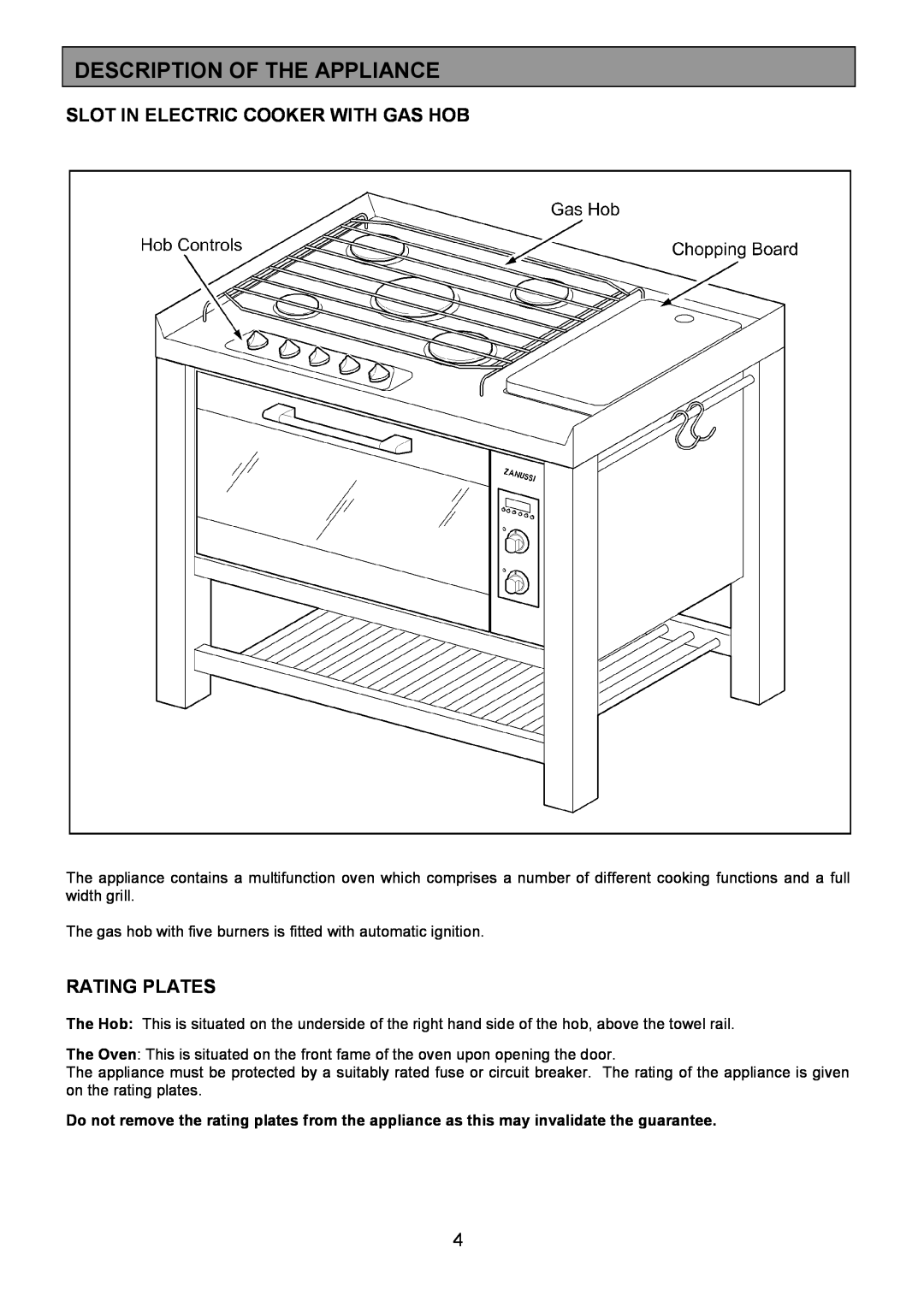 Zanussi ZCM 1000X manual Description Of The Appliance, Slot In Electric Cooker With Gas Hob, Rating Plates 