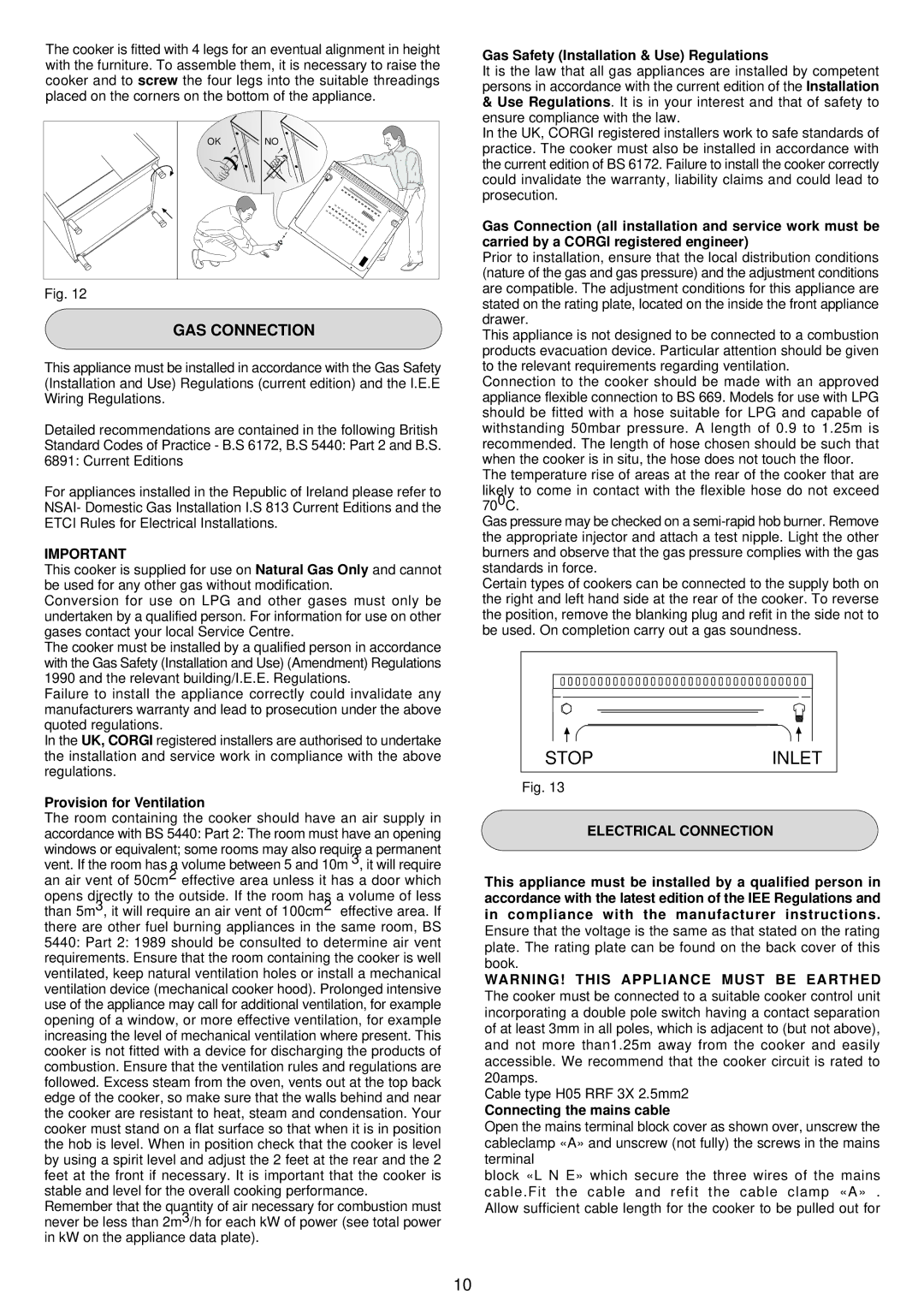 Zanussi ZCM 1031 X, ZCM 1030 X Provision for Ventilation, Gas Safety Installation & Use Regulations, Electrical Connection 