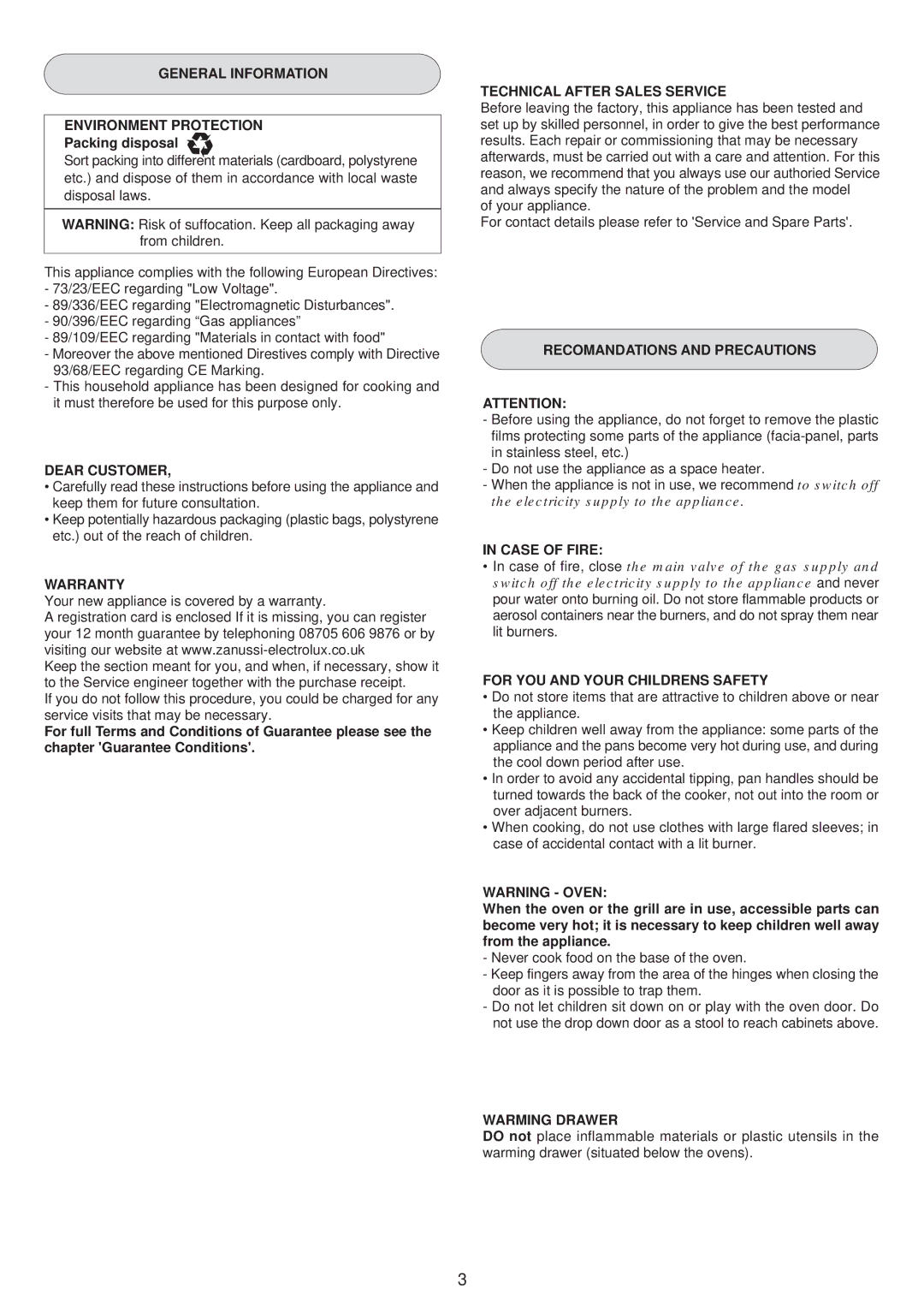 Zanussi ZCM 1030 X General Information Environment Protection, Dear Customer, Warranty, Technical After Sales Service 