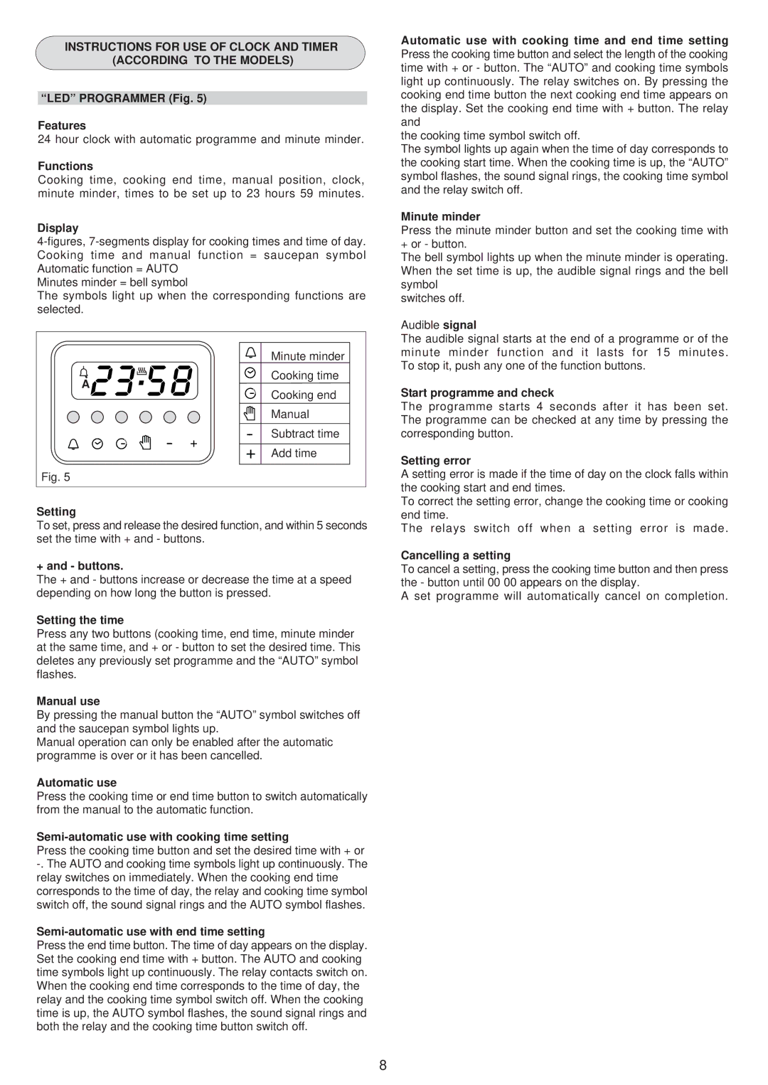 Zanussi ZCM 1031 X LED Programmer Fig Features, Functions, Display, Minute minder, Start programme and check, Setting 