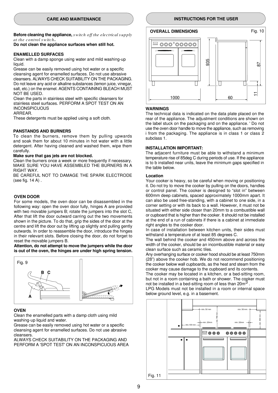 Zanussi ZCM 1030 X Care and Maintenance, Enamelled Surfaces, Panstands and Burners, Oven Door, Installation Important 