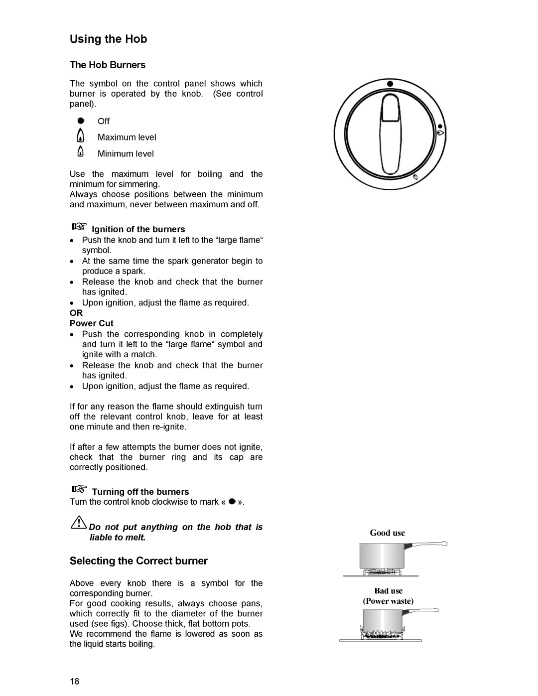 Zanussi ZCM 531 GB manual Selecting the Correct burner, Ignition of the burners, Or Power Cut, Turning off the burners 