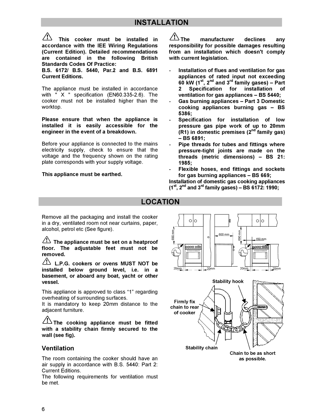 Zanussi ZCM 531 GB manual Installation, Location, Ventilation, Vessel 