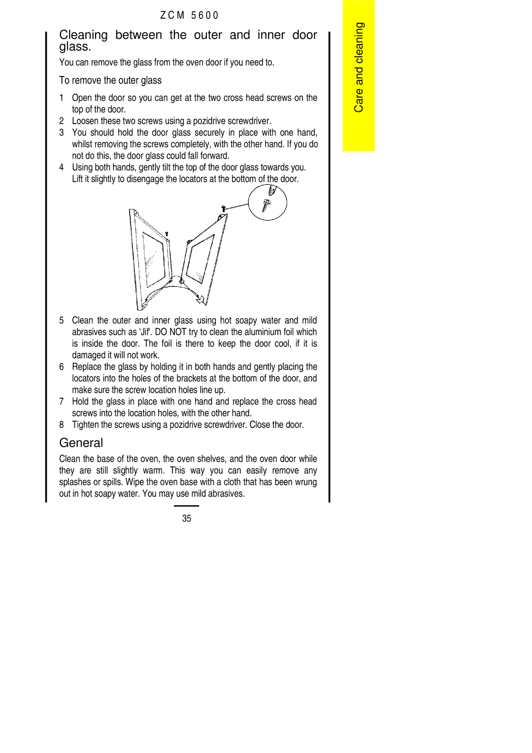 Zanussi ZCM 5600 manual Cleaning between the outer and inner door glass 