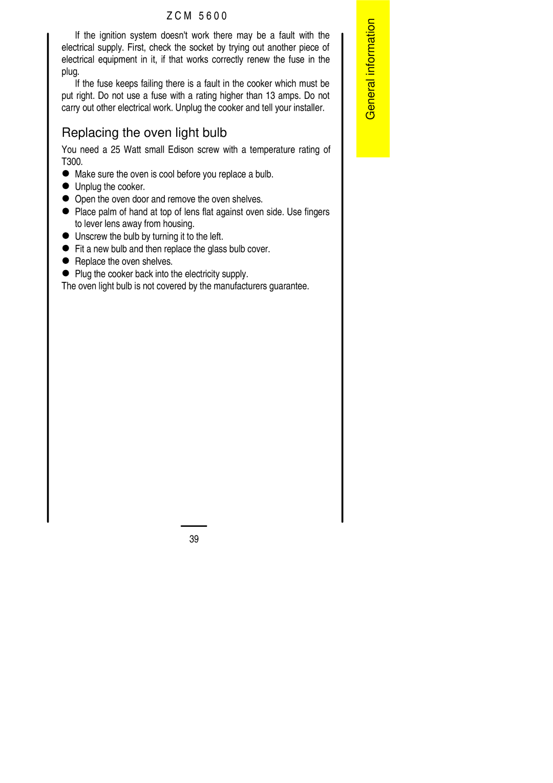 Zanussi ZCM 5600 manual Replacing the oven light bulb 