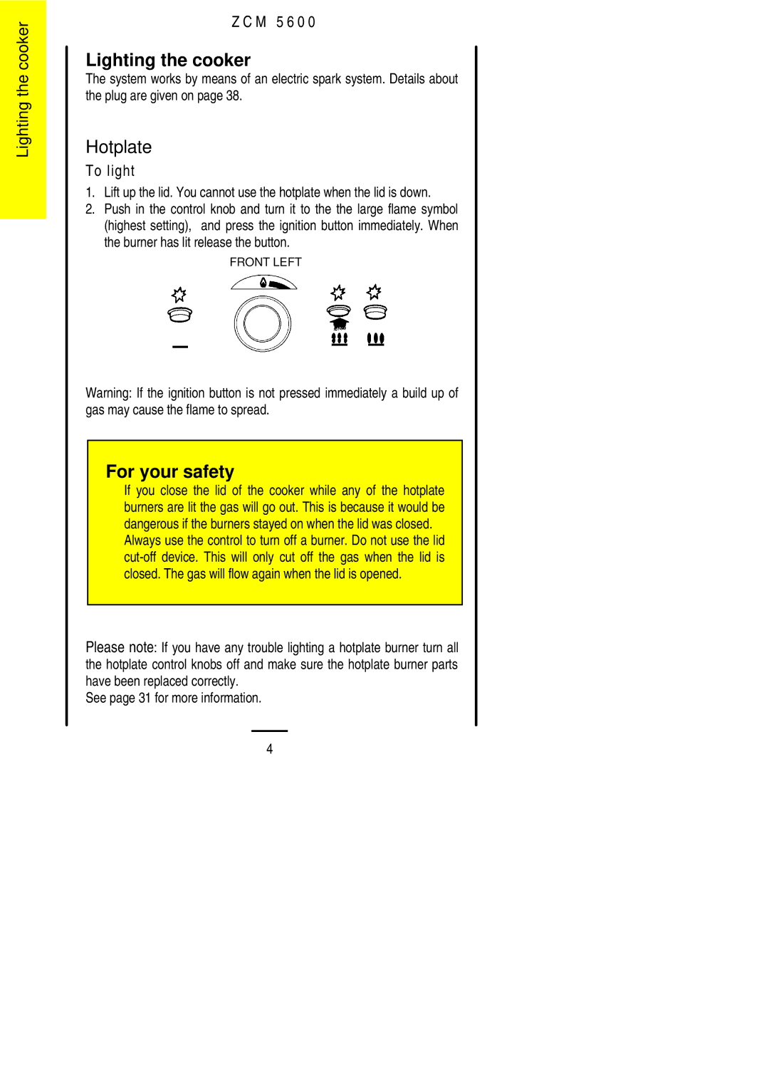 Zanussi ZCM 5600 manual Lighting the cooker, Hotplate 