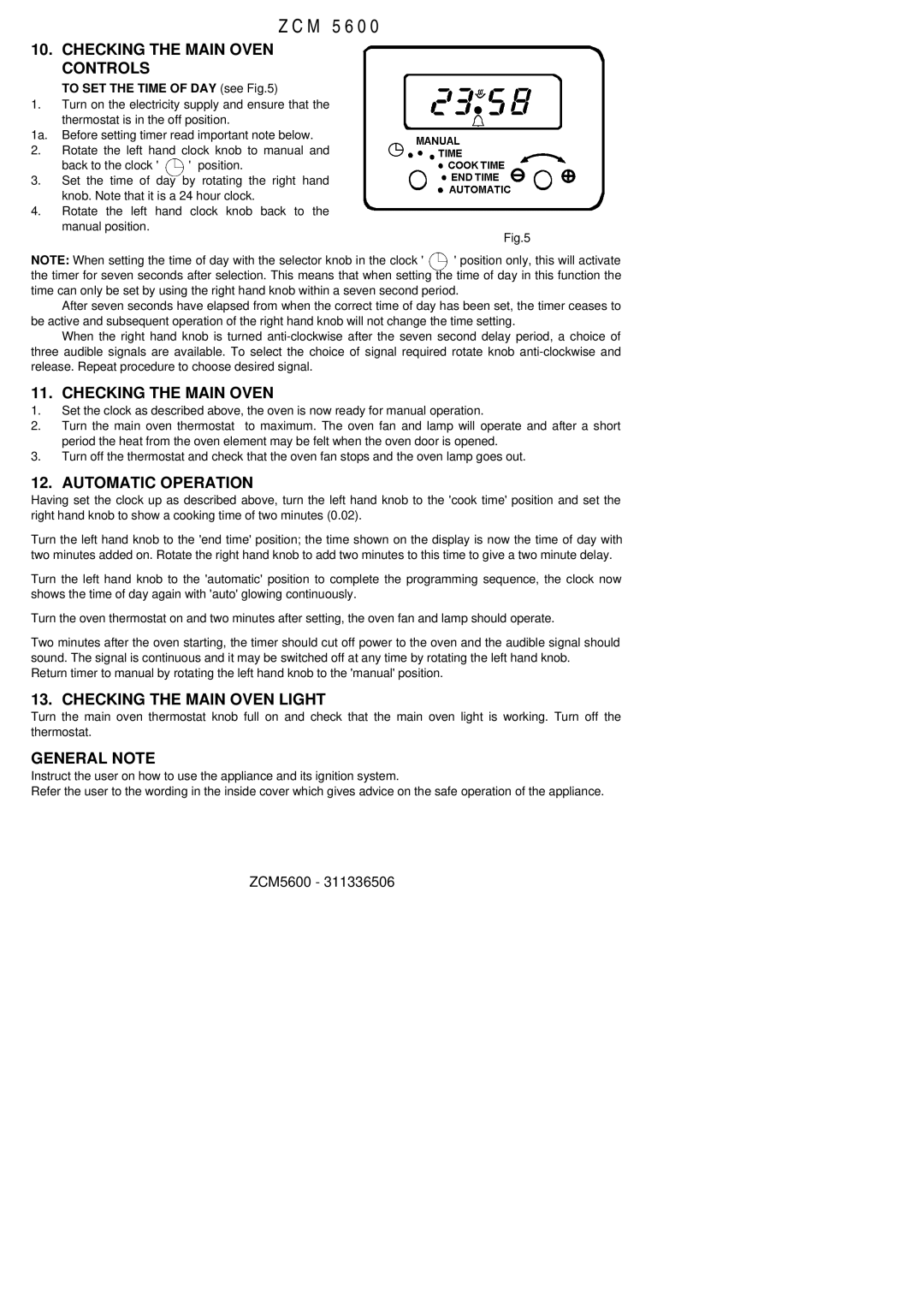 Zanussi ZCM 5600 manual Checking the Main Oven Controls 