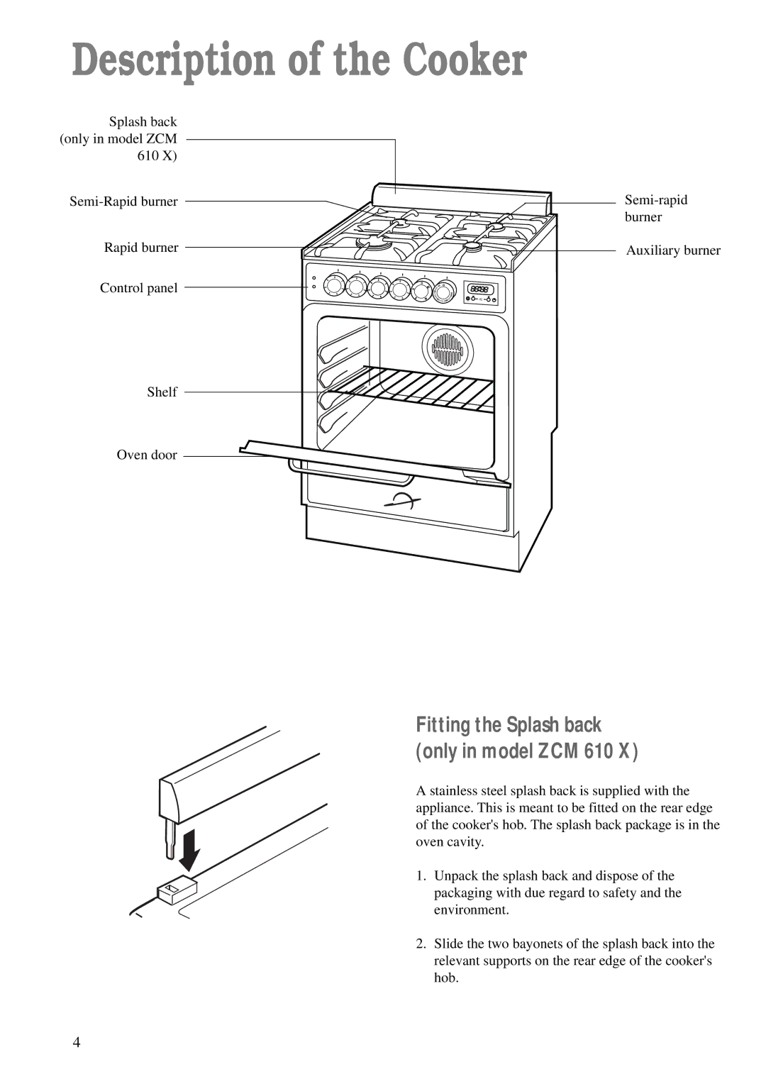 Zanussi ZCM 600 W, ZCM 610 X manual Description of the Cooker, Fitting the Splash back only in model ZCM 610 