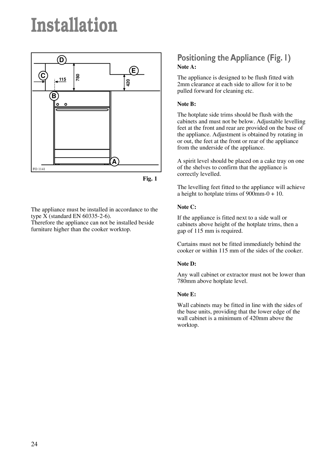 Zanussi ZCM 600 W, ZCM 610 X manual Positioning the Appliance Fig, Note A, Note B, Note C, Note D, Note E, Installation 