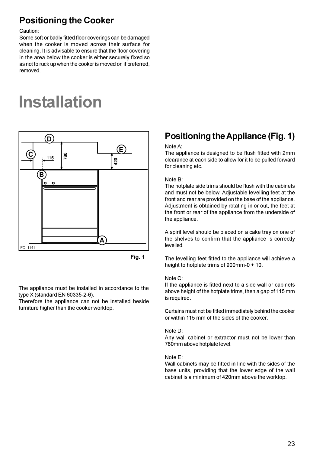 Zanussi ZCM 600, ZCM 610 manual Positioning the Cooker, Positioning the Appliance Fig 