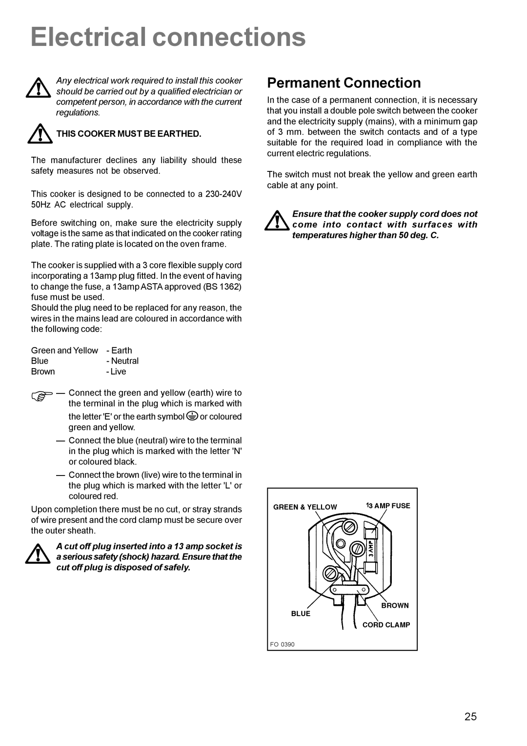 Zanussi ZCM 600, ZCM 610 manual Electrical connections, Permanent Connection, This Cooker Must be Earthed 