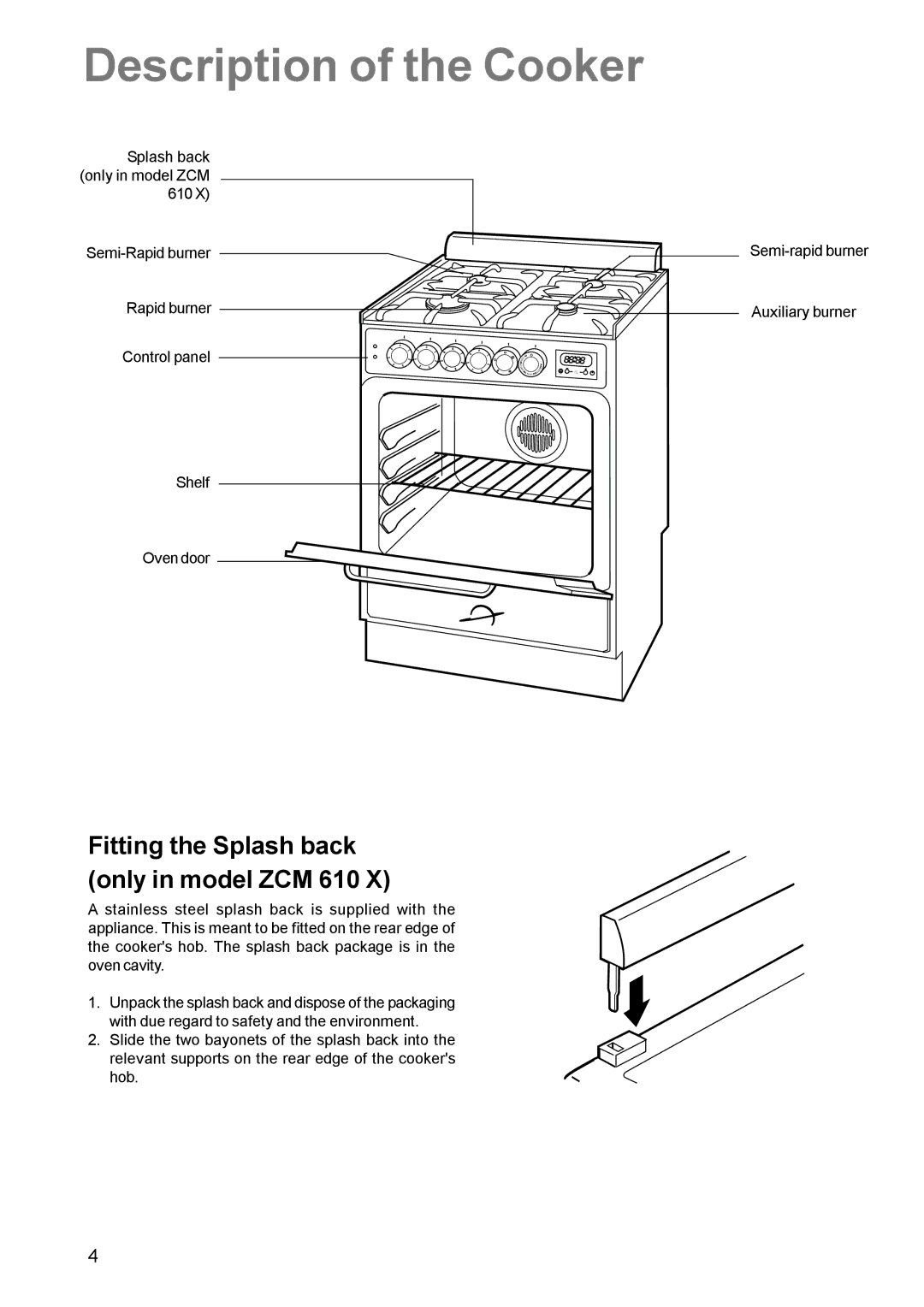 Zanussi ZCM 600 manual Description of the Cooker, Fitting the Splash back only in model ZCM 610 