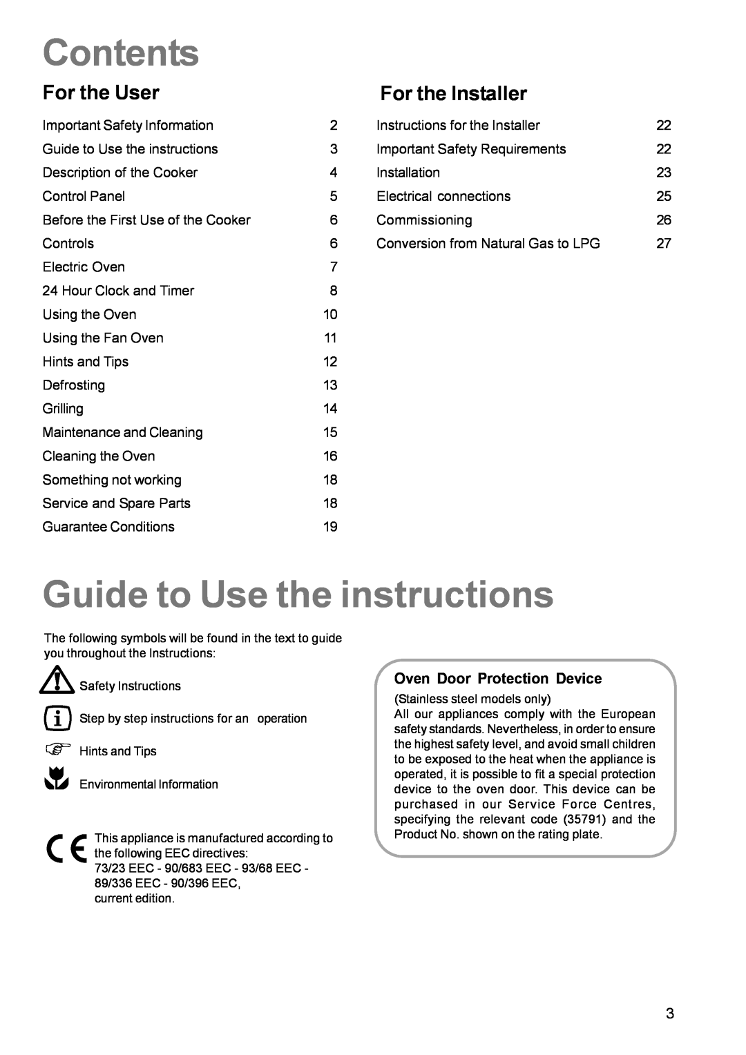 Zanussi ZCM 600 Contents, Guide to Use the instructions, For the User, For the Installer, Oven Door Protection Device 