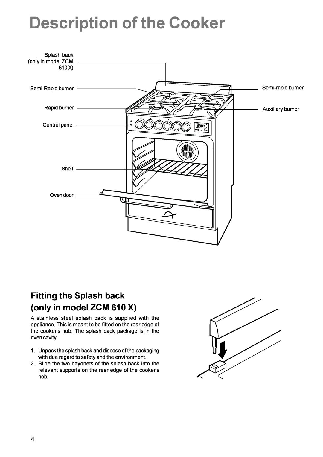 Zanussi ZCM 600 manual Description of the Cooker, Fitting the Splash back only in model ZCM 610 