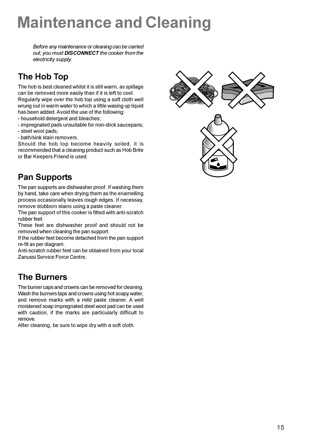 Zanussi ZCM 611 manual Maintenance and Cleaning, Hob Top, Pan Supports, Burners 