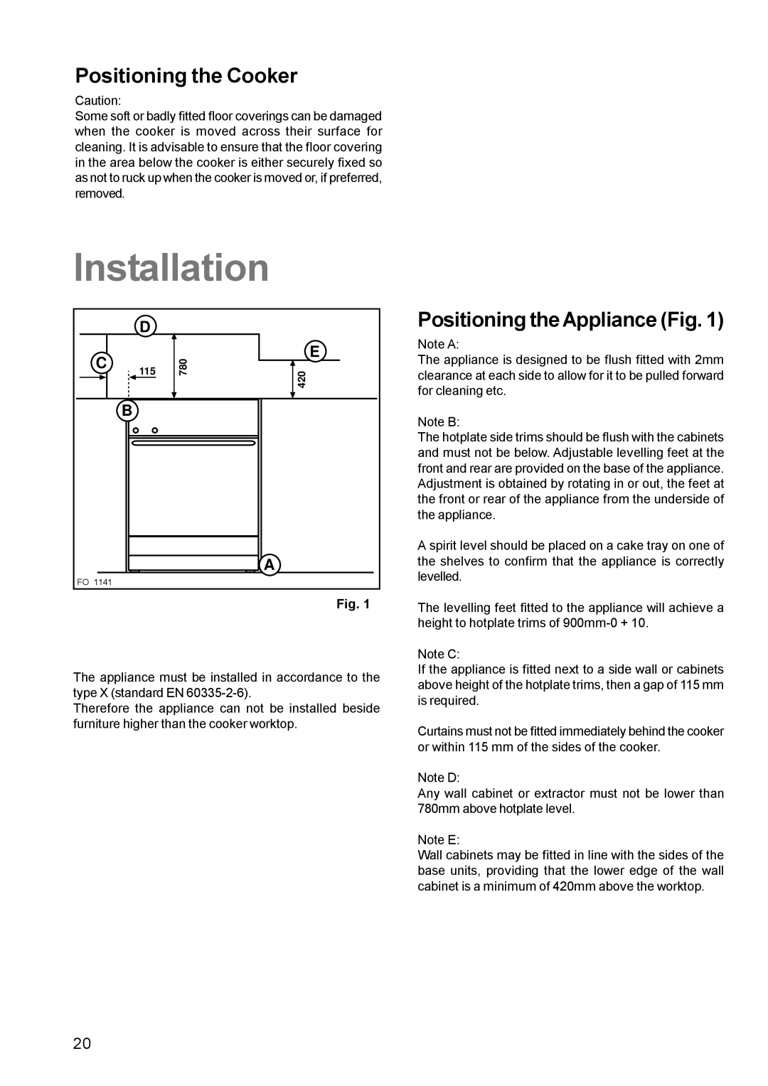 Zanussi ZCM 611 manual Positioning the Cooker, Positioning the Appliance Fig 