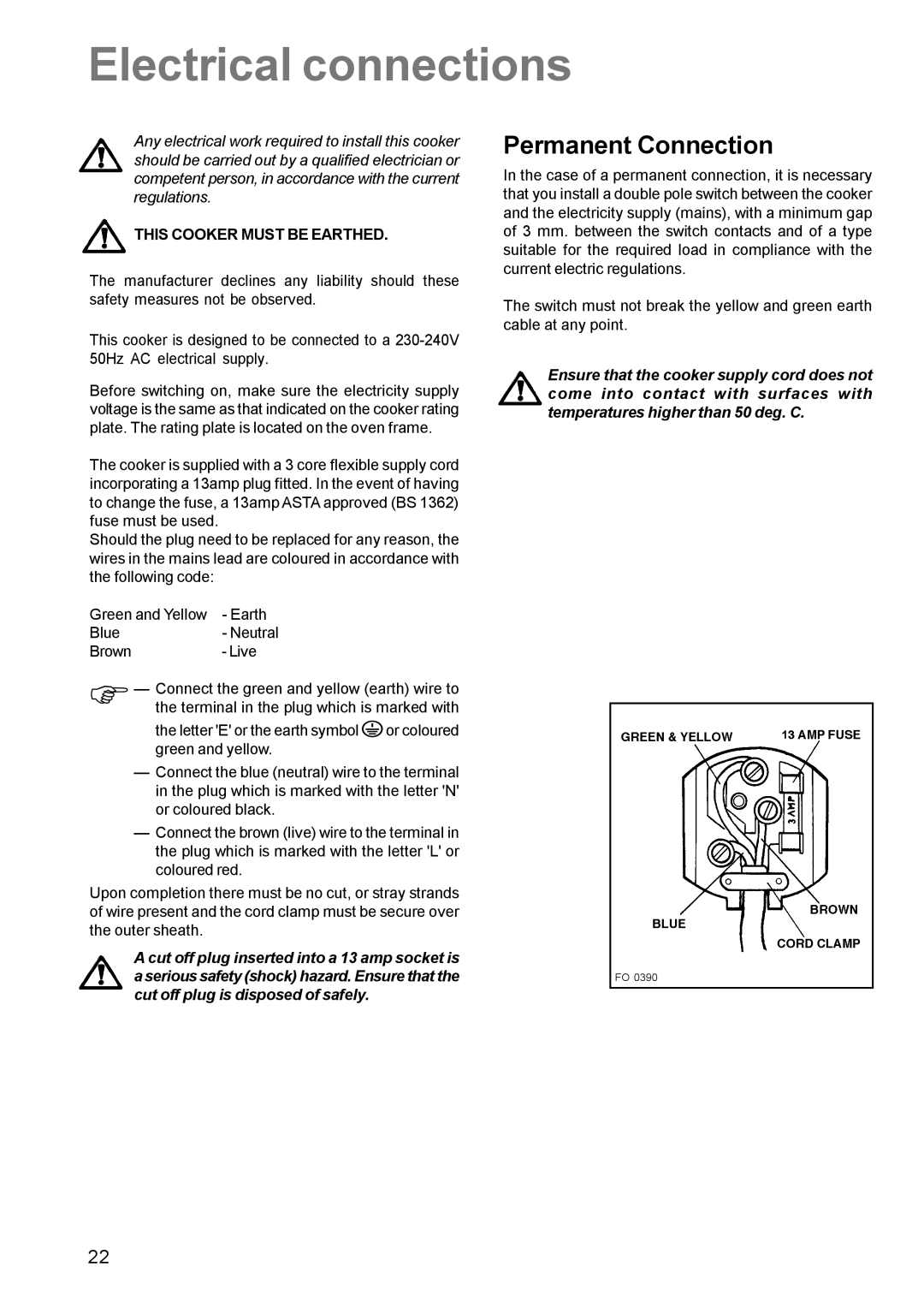 Zanussi ZCM 611 manual Electrical connections, Permanent Connection, This Cooker Must be Earthed 