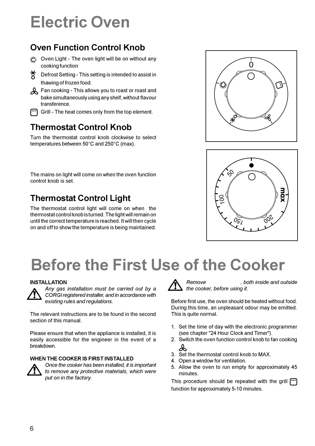 Zanussi ZCM 611 Electric Oven, Before the First Use of the Cooker, Oven Function Control Knob, Thermostat Control Knob 