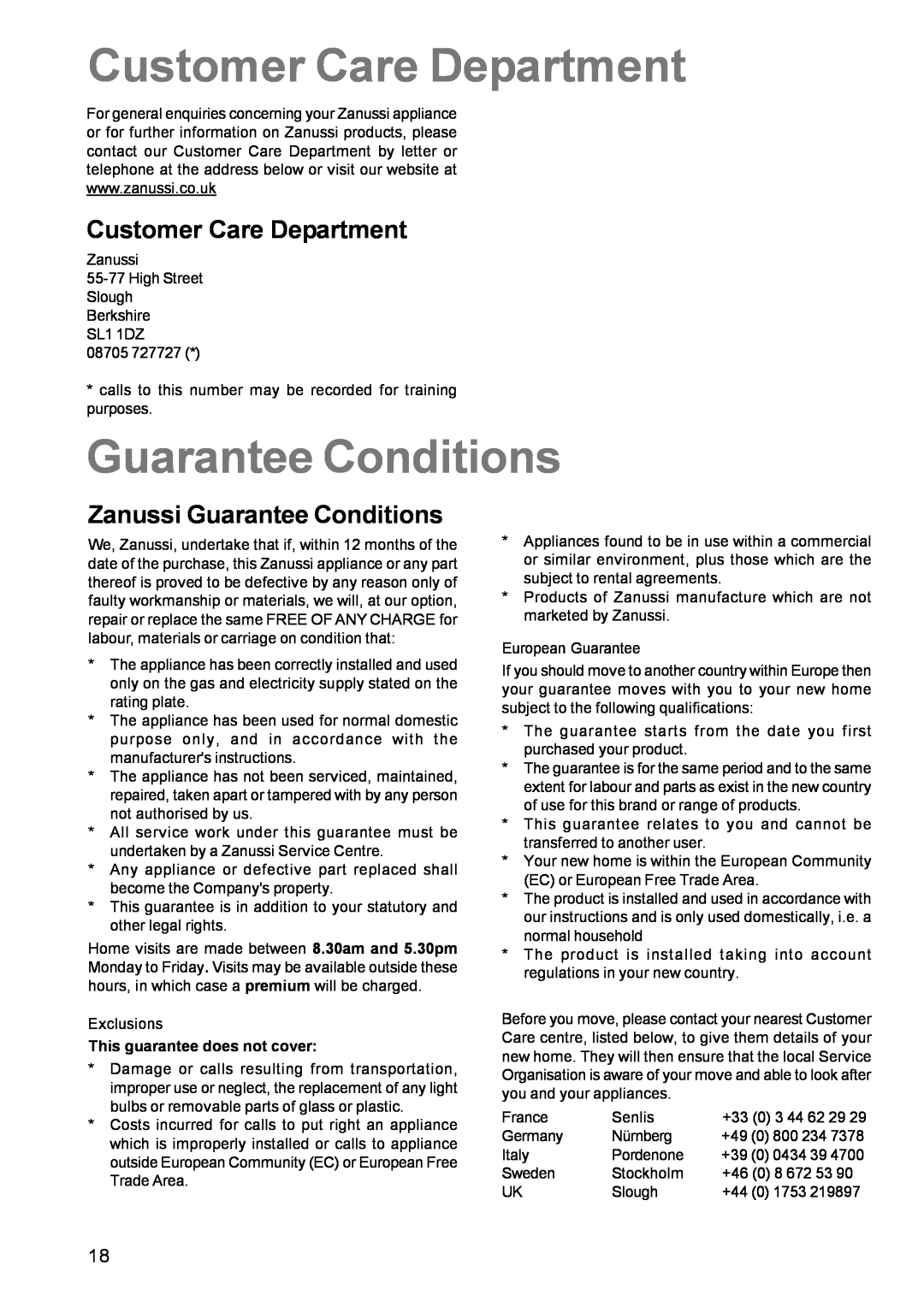 Zanussi ZCM 611 manual Customer Care Department, Zanussi Guarantee Conditions 