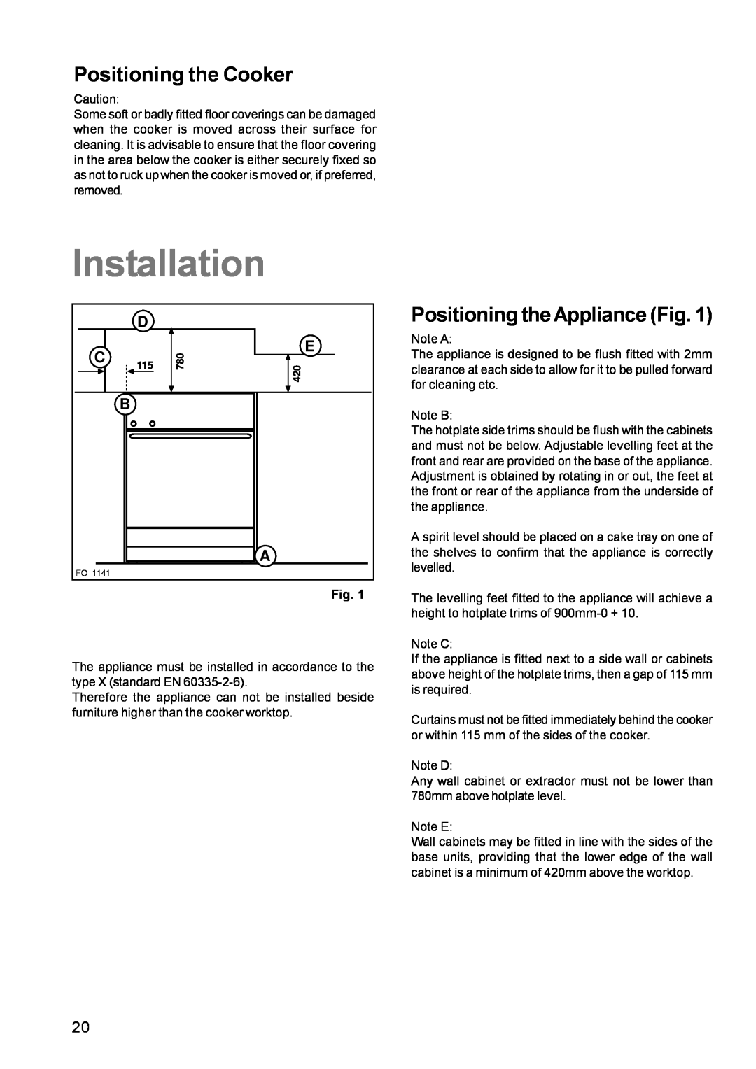 Zanussi ZCM 611 manual Positioning the Cooker, Positioning the Appliance Fig, Installation 