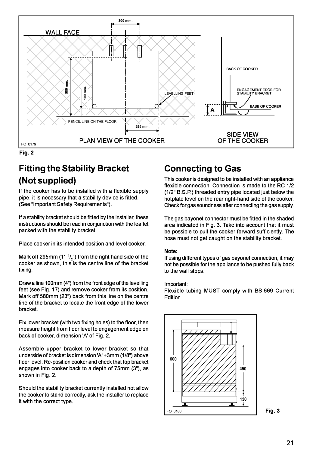 Zanussi ZCM 611 manual Fitting the Stability Bracket Not supplied, Connecting to Gas, Wall Face, Plan View Of The Cooker 