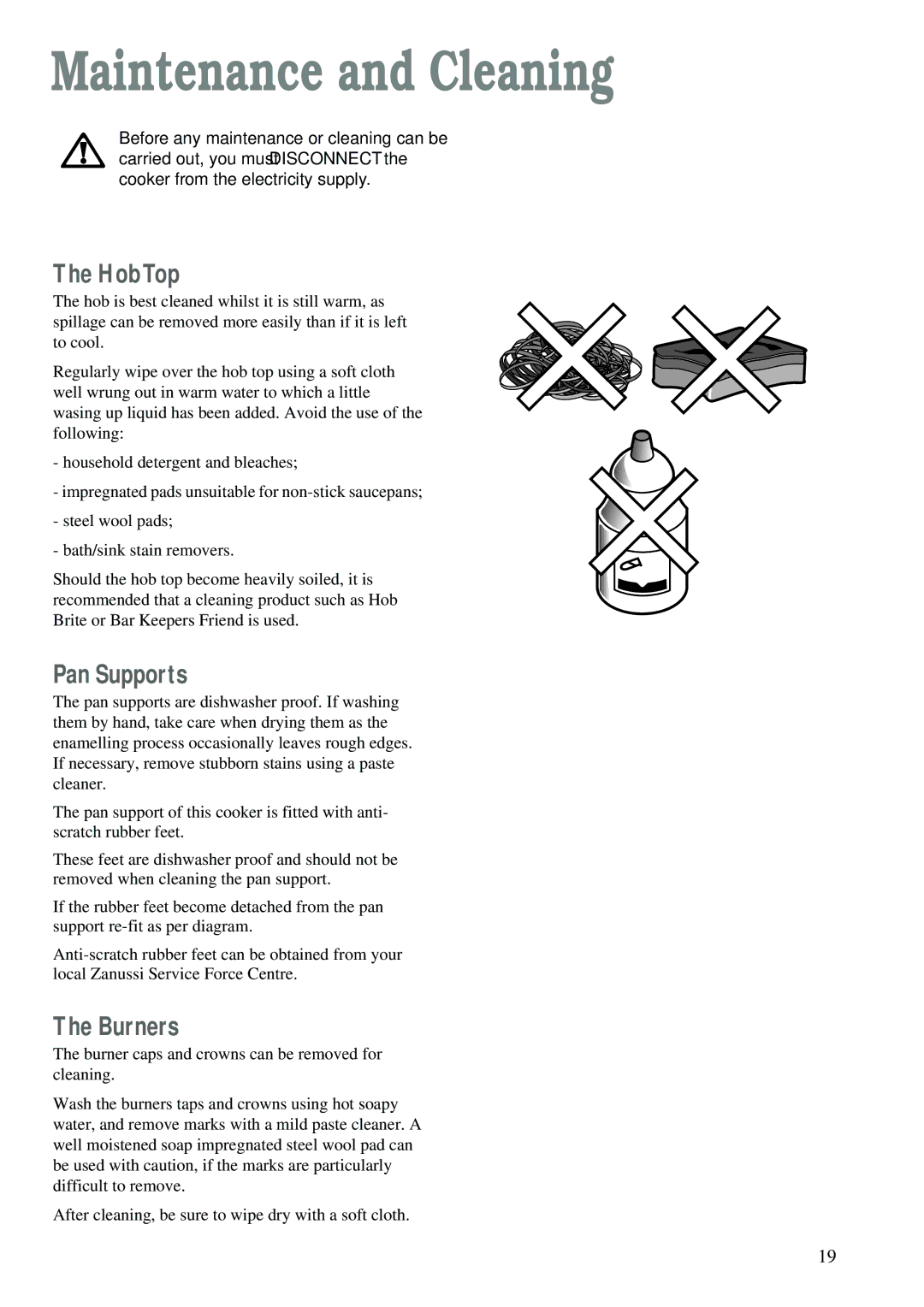 Zanussi ZCM 620 X manual Maintenance and Cleaning, HobTop, Pan Supports, Burners 