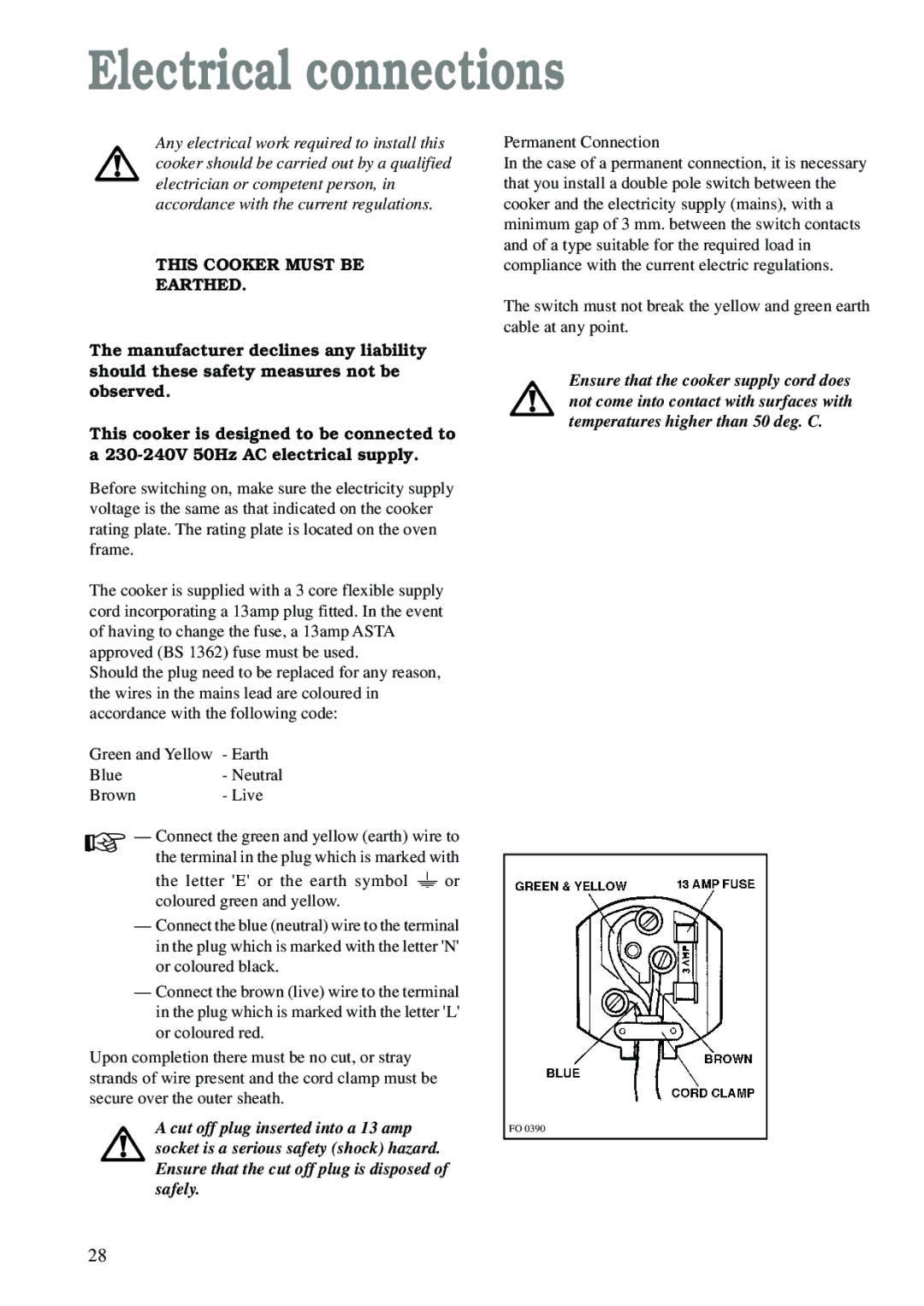 Zanussi ZCM 620 X manual Electrical connections, This Cooker Must be Earthed 