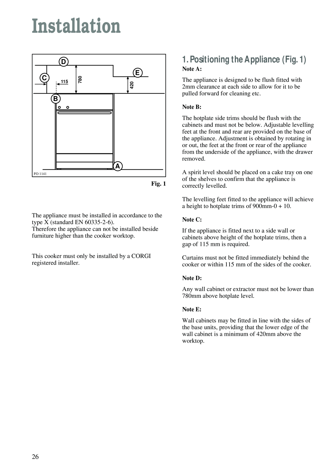 Zanussi ZCM 620 X manual Positioning the Appliance Fig, Note A, Note B, Note C, Note D, Note E, Installation 