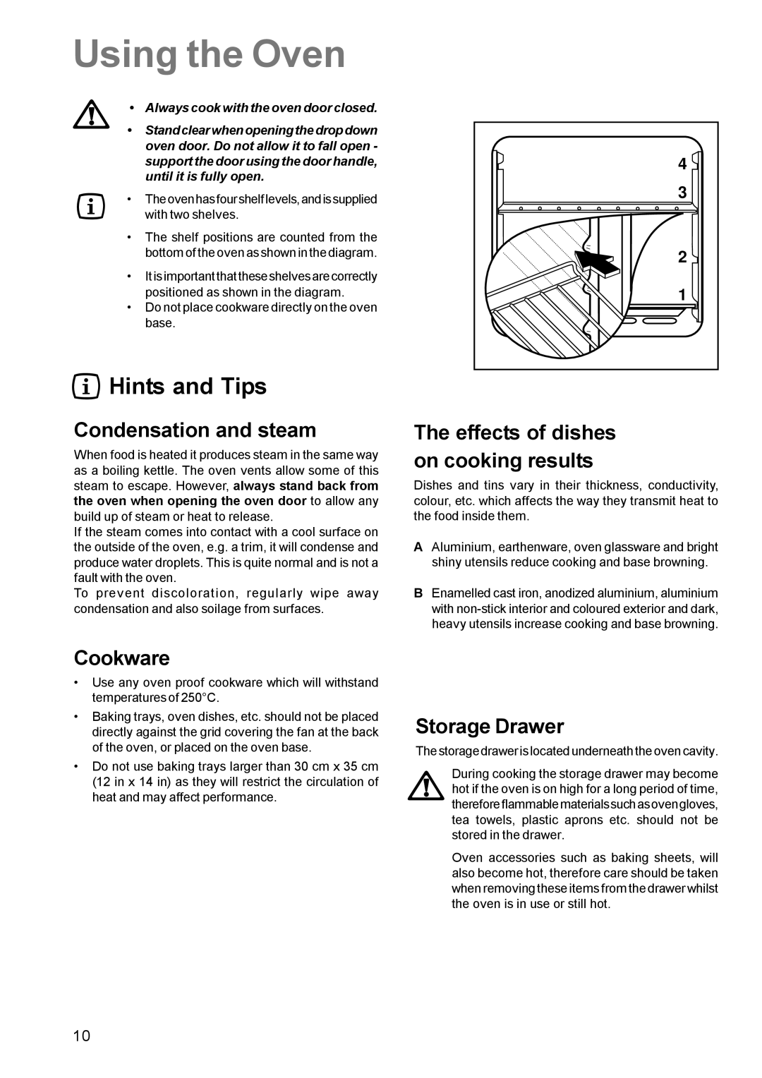 Zanussi ZCM 630 Using the Oven, Condensation and steam, Cookware, Effects of dishes on cooking results, Storage Drawer 