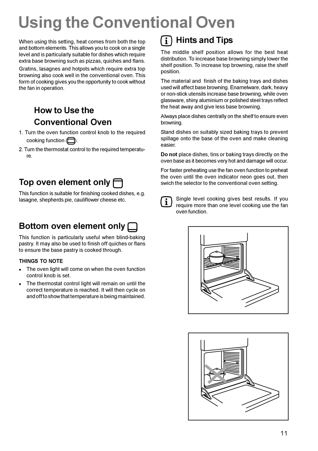 Zanussi ZCM 630 manual Using the Conventional Oven, How to Use the Conventional Oven, Top oven element only, Hints and Tips 