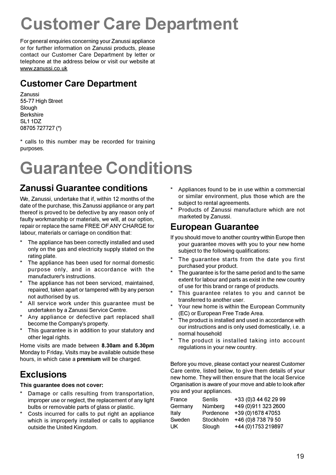 Zanussi ZCM 630 manual Customer Care Department, Guarantee Conditions 