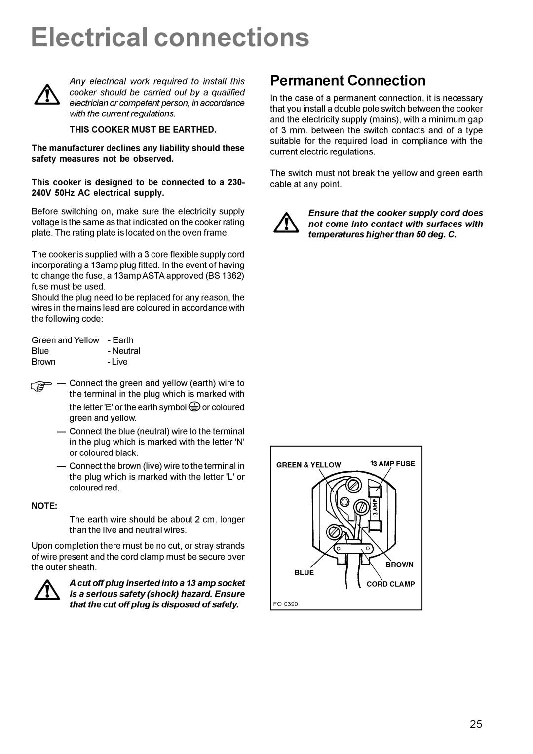 Zanussi ZCM 630 manual Electrical connections, Permanent Connection, This Cooker Must be Earthed 
