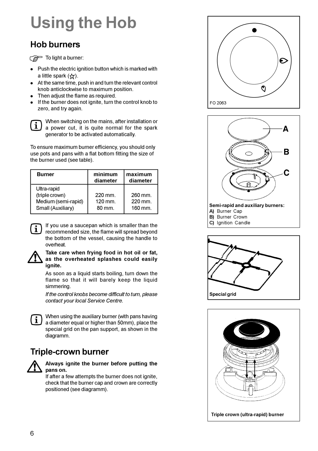 Zanussi ZCM 630 manual Using the Hob, Hob burners, Triple-crown burner 