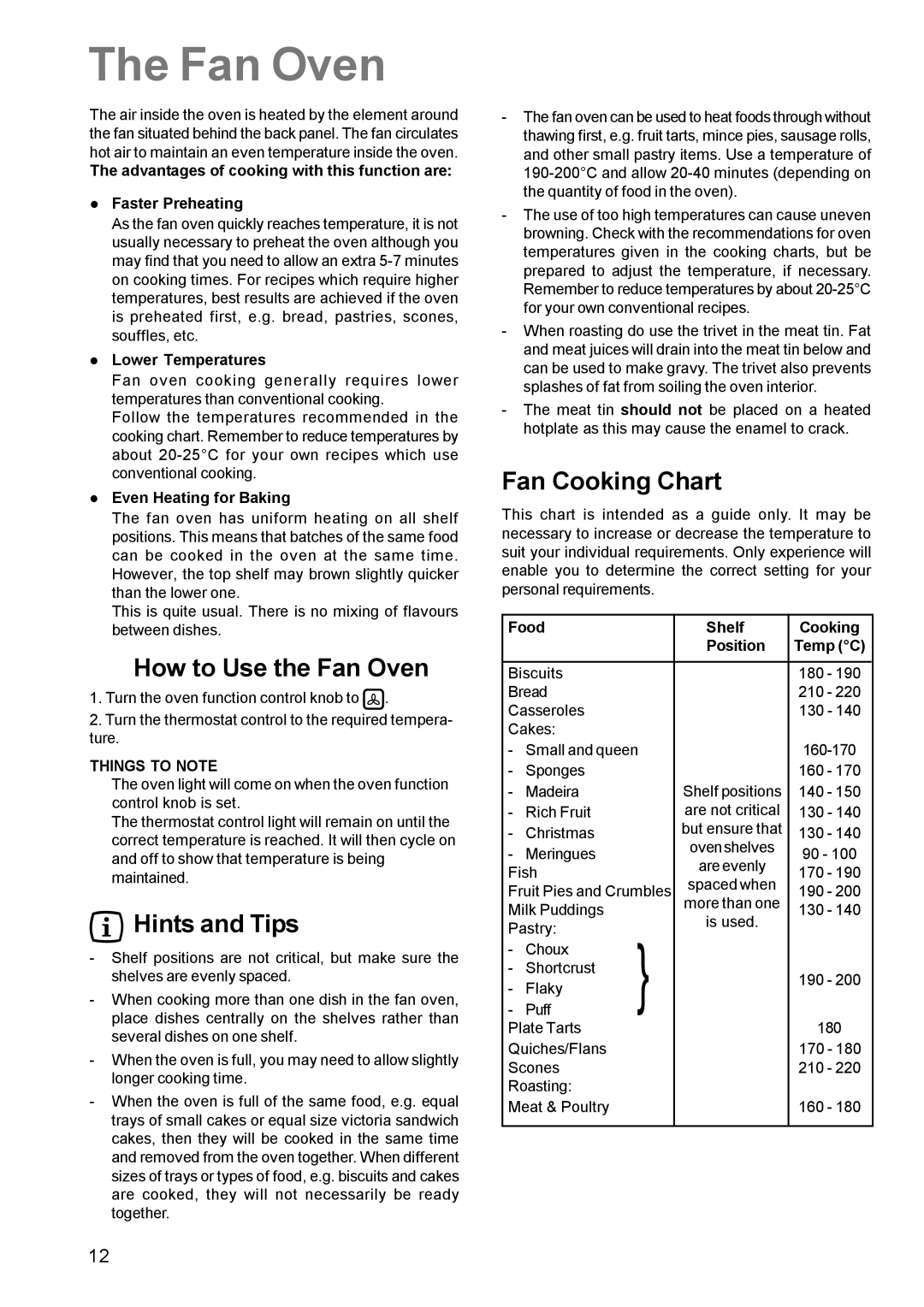 Zanussi ZCM 631 manual How to Use the Fan Oven, Fan Cooking Chart 