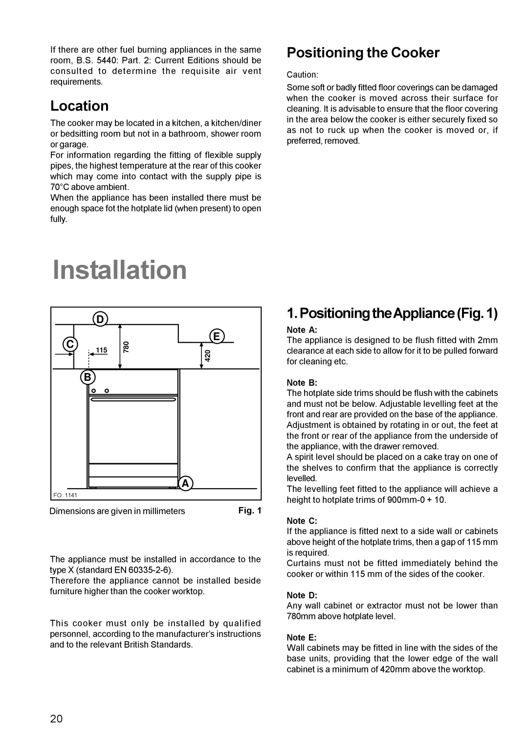 Zanussi ZCM 631 manual Location, Positioning the Cooker, PositioningtheAppliance Fig 