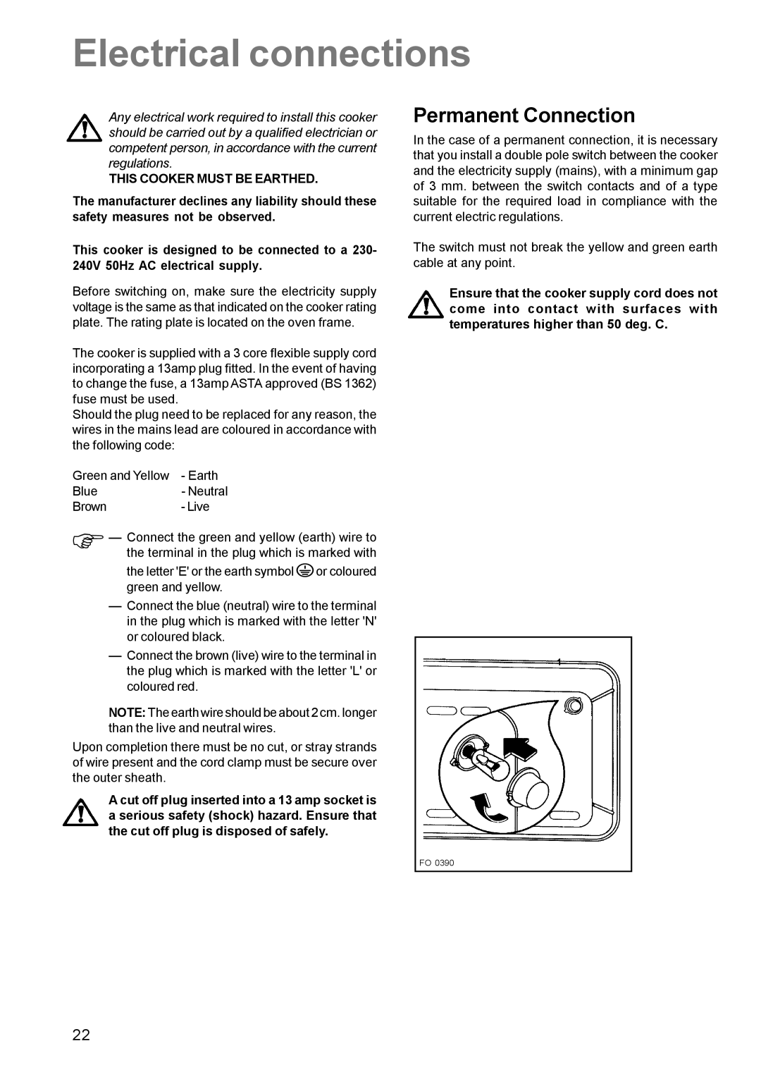 Zanussi ZCM 631 manual Electrical connections, Permanent Connection, This Cooker Must be Earthed 