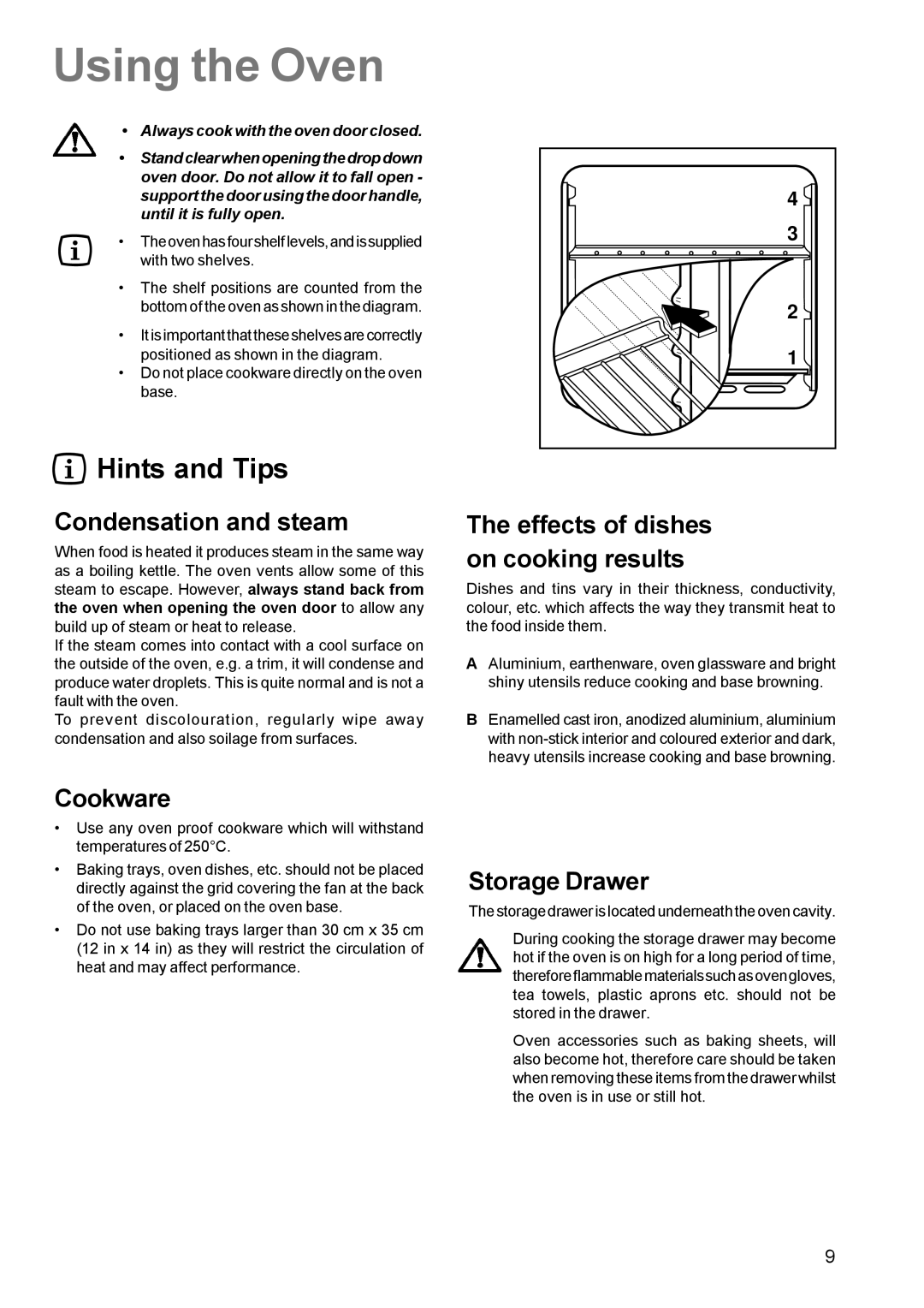 Zanussi ZCM 631 manual Condensation and steam, Cookware, Effects of dishes on cooking results, Storage Drawer 