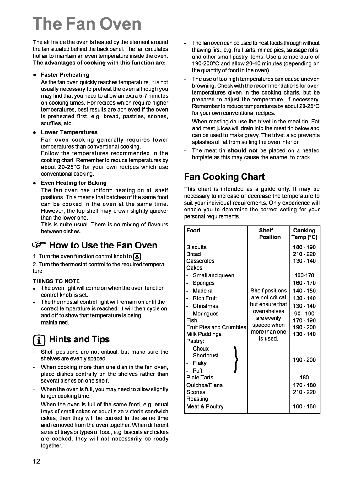 Zanussi ZCM 631 manual The Fan Oven, Φ How to Use the Fan Oven, Fan Cooking Chart, Hints and Tips 