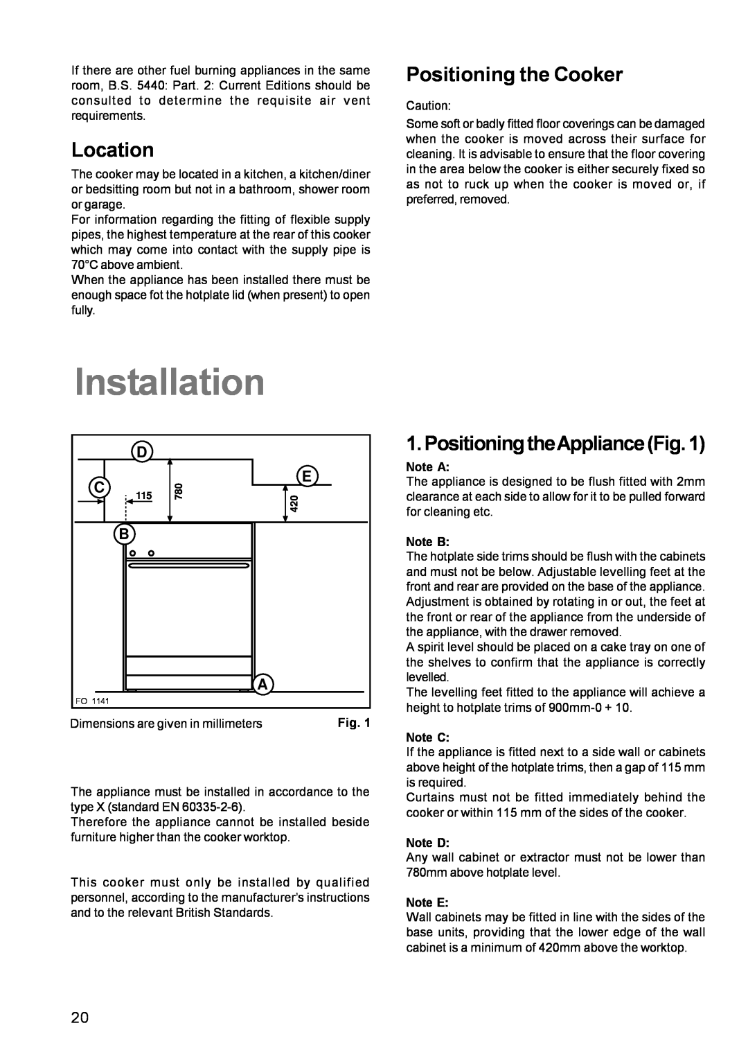 Zanussi ZCM 631 manual Location, Positioning the Cooker, PositioningtheAppliance Fig, Dimensions are given in millimeters 