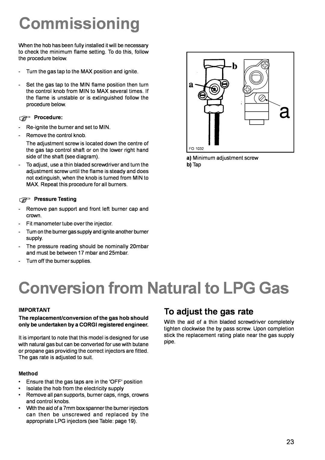 Zanussi ZCM 631 manual Commissioning, Conversion from Natural to LPG Gas, To adjust the gas rate 