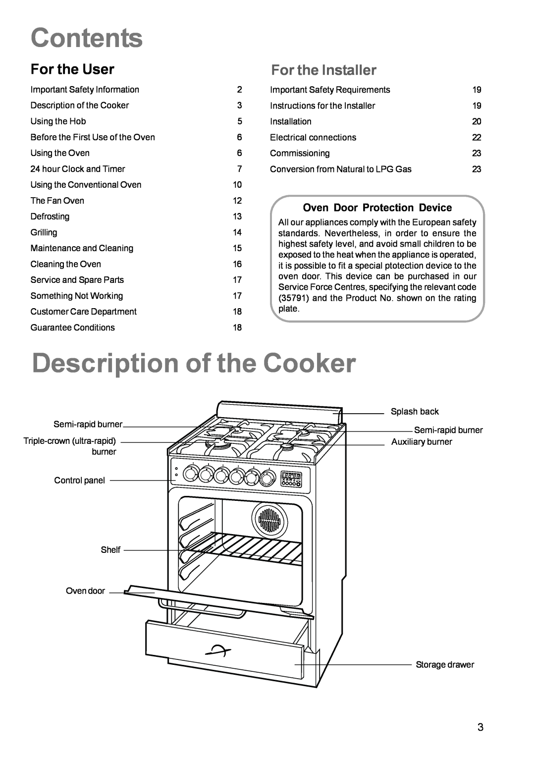 Zanussi ZCM 631 manual Contents, Description of the Cooker, For the User, Oven Door Protection Device, For the Installer 