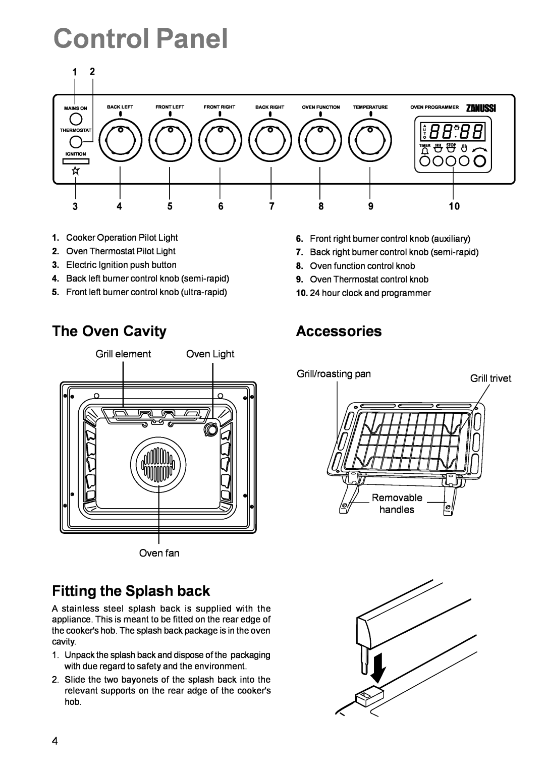 Zanussi ZCM 631 manual Control Panel, The Oven Cavity, Accessories, Fitting the Splash back, Grill element, Oven Light 