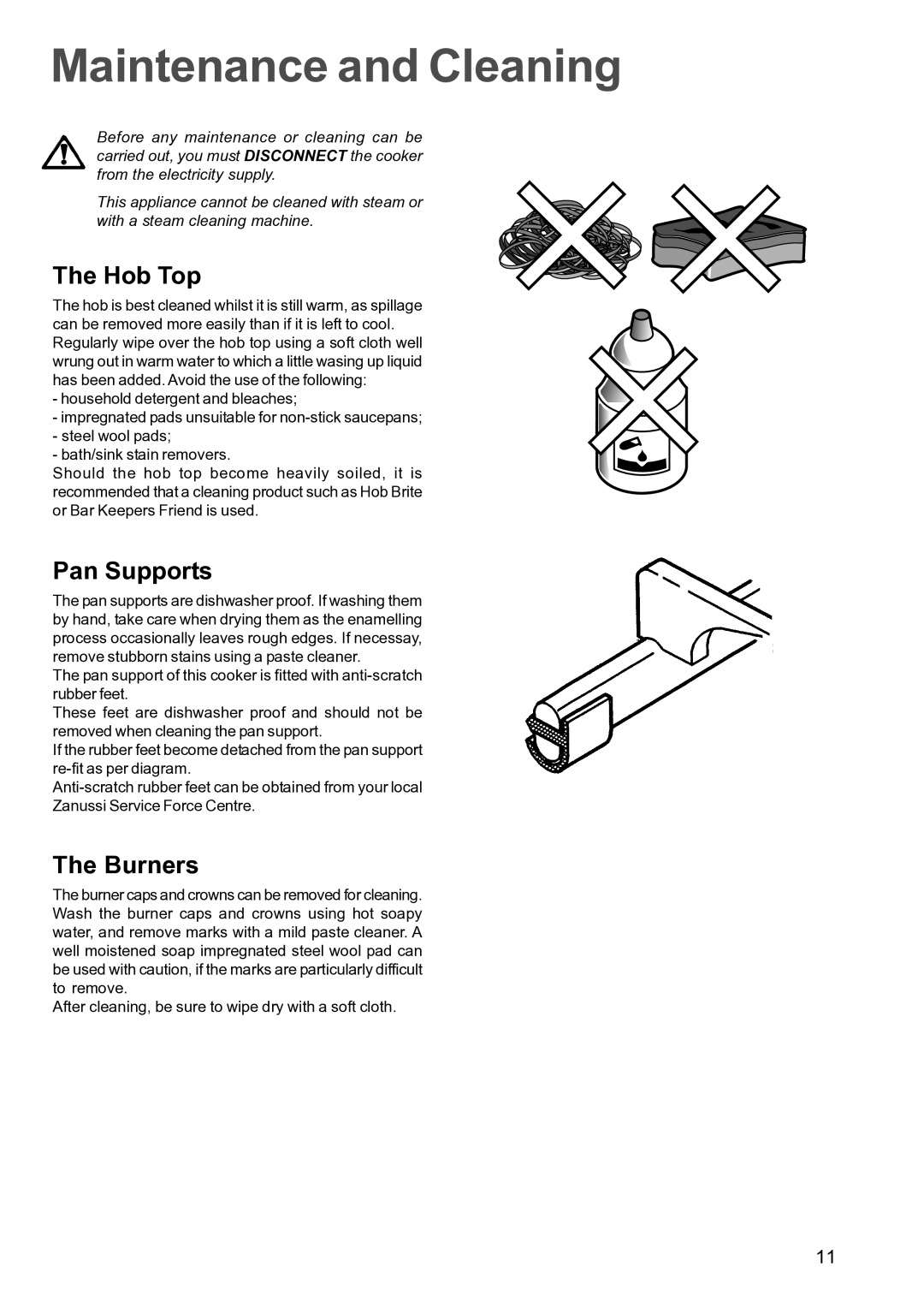 Zanussi ZCM 640 ZCM 641 manual Maintenance and Cleaning, Hob Top, Pan Supports, Burners 