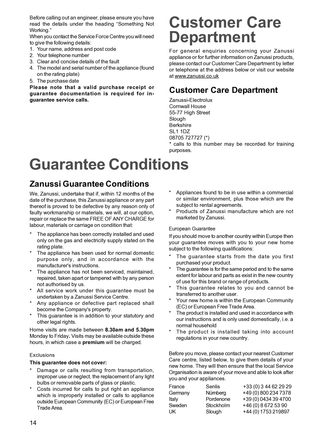 Zanussi ZCM 640 ZCM 641 manual Customer Care Department, Zanussi Guarantee Conditions, This guarantee does not cover 