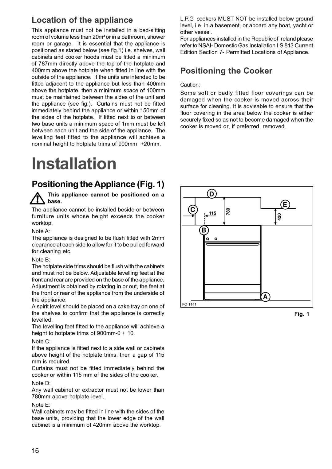 Zanussi ZCM 640 ZCM 641 manual Installation, Positioning the Appliance Fig, This appliance cannot be positioned on a base 