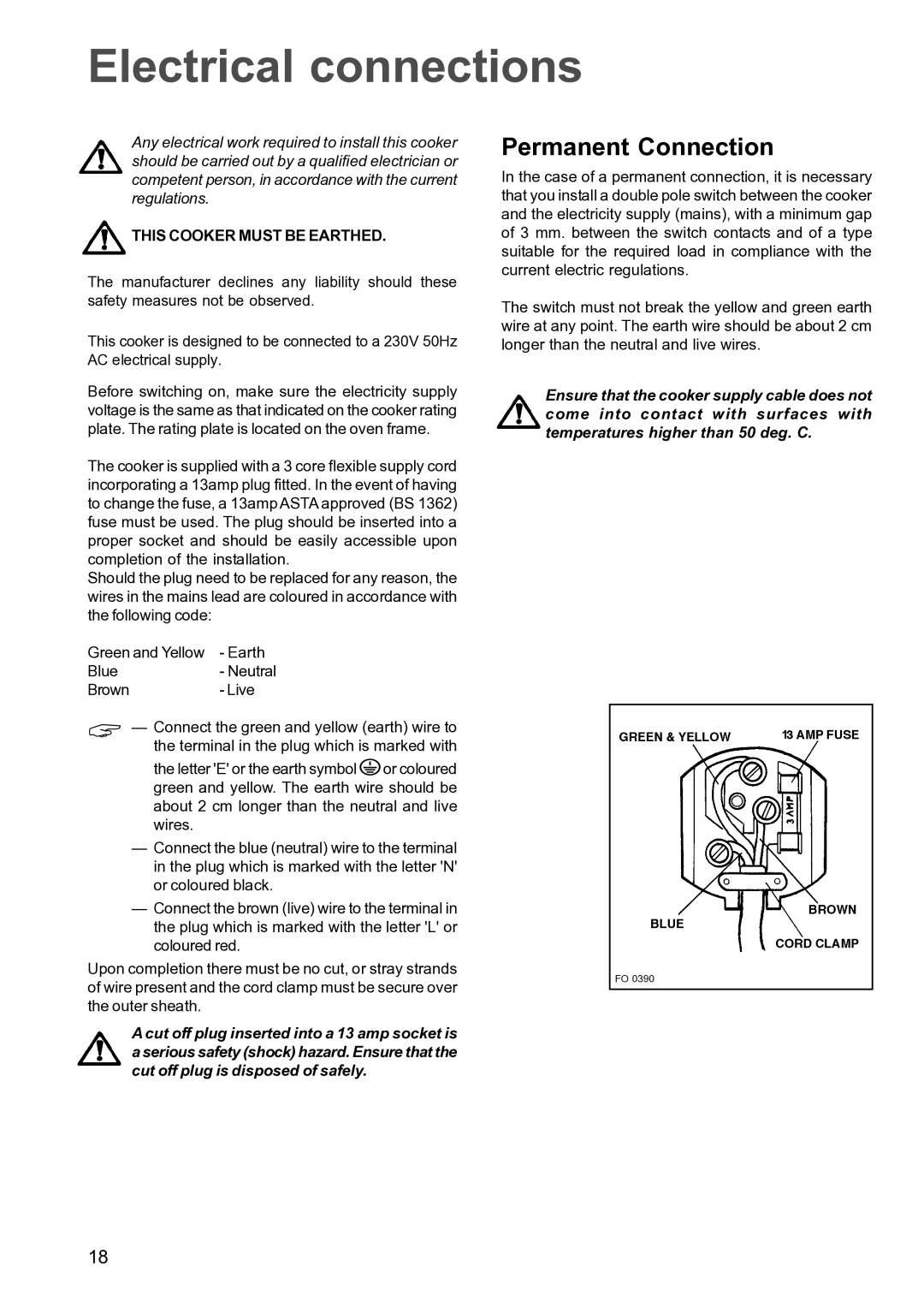 Zanussi ZCM 640 ZCM 641 manual Electrical connections, Permanent Connection, This Cooker Must be Earthed 